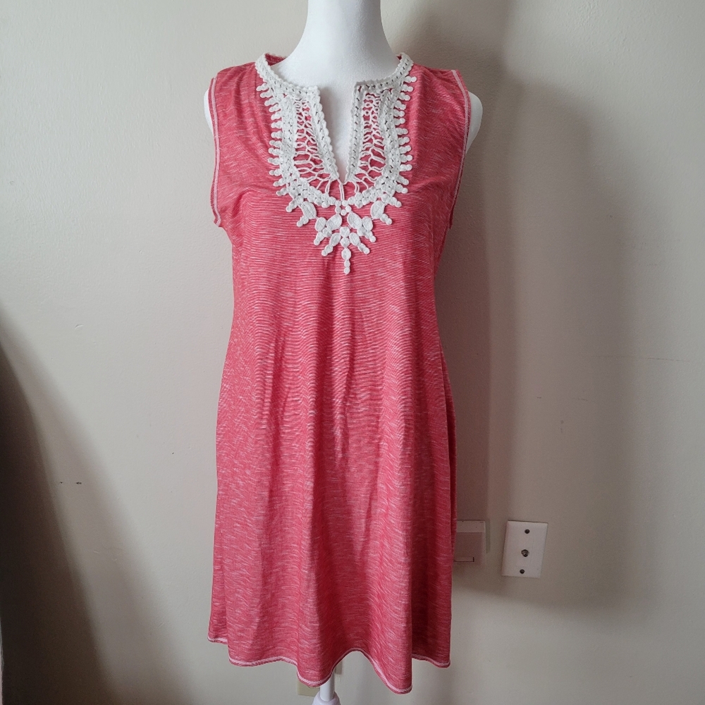 Max Studio Red Sleeveless Tunic with White Crochet Detail MED